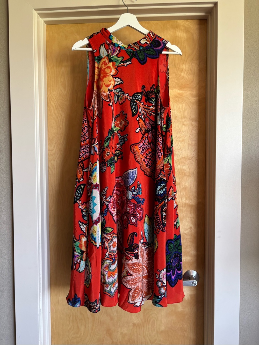 Anthropologie Maeve Red Floral Swing Dress Sleeveless Mock Neck Pockets Sz S